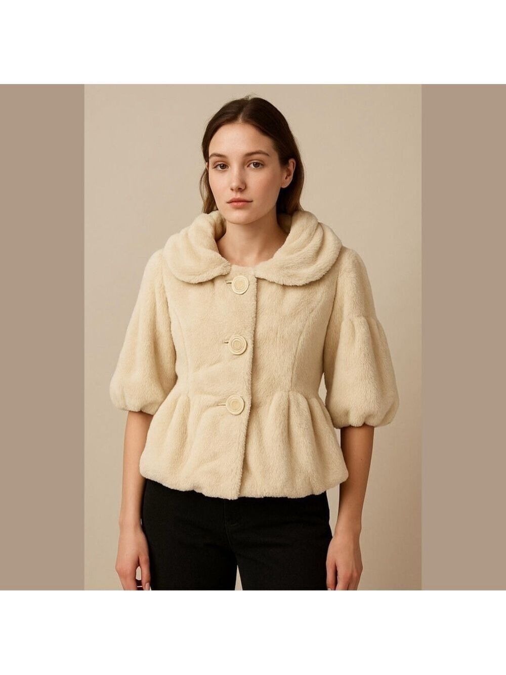 Karlie Cream Faux Fur Cropped Jacket w/ Large collar & 3/4 Length Sleeves - SM